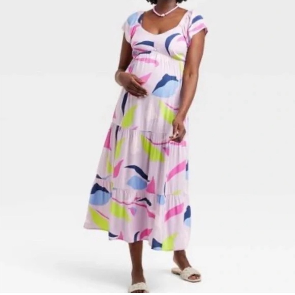 Isabel Maternity NWT Pink and Blue Flutter Sleeve Maxi Dress M